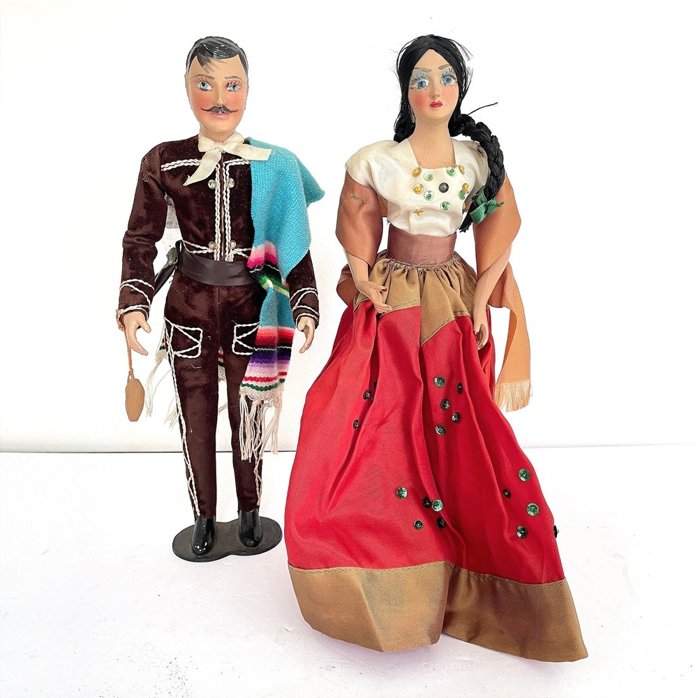 Vintage Munecos Carselle Mexican Folk Art Dolls Pair Charro China Poblana 11"
